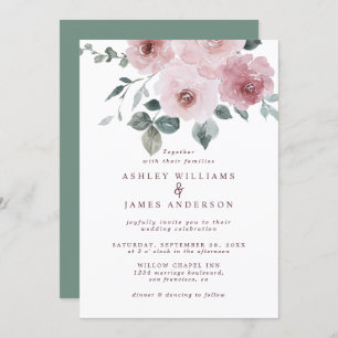 Invitation Rose Floral Bourgogne Dusty Mariage vert