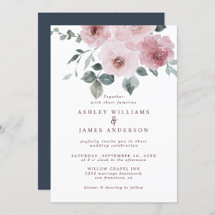 Invitation Rose floral Bourgogne Mariage bleu foncé