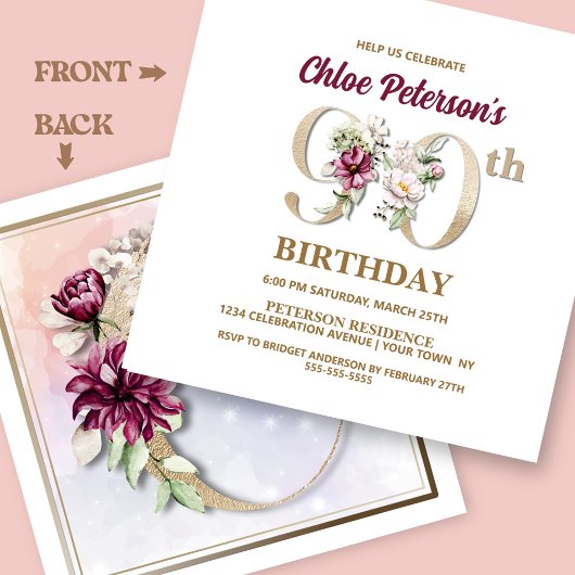 Invitation Rose Floral C 90e fête d'anniversaire