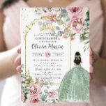 Invitation Rose floral clair Sage vert Quinceañera Sweet 16<br><div class="desc">Personnalisez cette élégante carte d'invitation à l'anniversaire Quinceañera rose rose pâle / Sweet 16 anniversaire facilement et rapidement. Cliquez simplement sur le bouton customiser pour modifier les textes, modifier les polices et les couleurs des polices. Avec de belles roses roses rousses, de la verdure et une fille habillée d'une belle...</div>