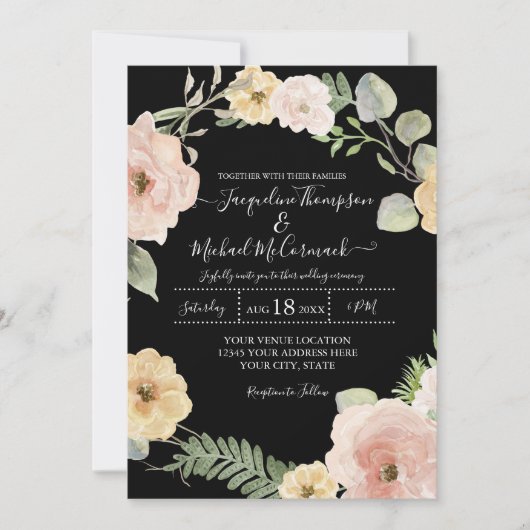 Invitation Rose floral d'automne noir n Mariage blanc (Devant)
