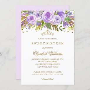 Invitation Rose Floral d'or violet