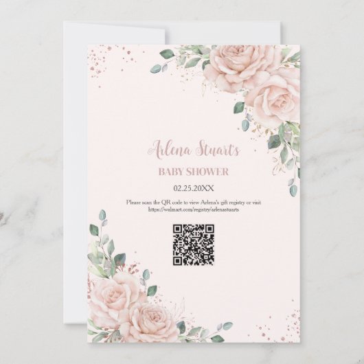 Invitation Rose floral doux Baby shower or  QR Code (Dos)