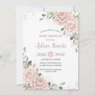 Invitation Rose floral doux Baby shower or  QR Code