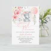 Invitation Rose Floral Doux Petite fille Baby shower éléphant (Debout devant)