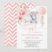 Invitation Rose Floral Doux Petite fille Baby shower éléphant (Devant / Derrière)