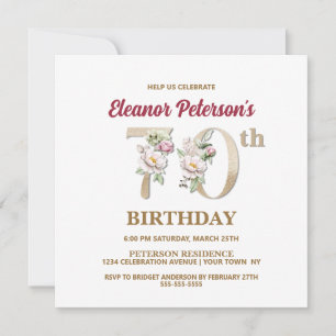 Invitation Rose Floral E 70e fête d'anniversaire
