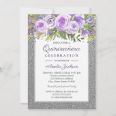 Invitation Rose floral en argent violet Quinceanera (Devant)