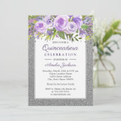 Invitation Rose floral en argent violet Quinceanera (Debout devant)