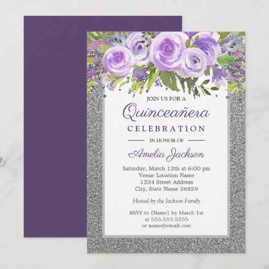 Invitation Rose floral en argent violet Quinceanera (Devant / Derrière)