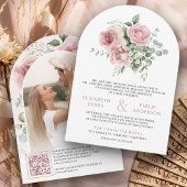 Invitation Rose Floral Eucalyptus Code QR Photo Mariage