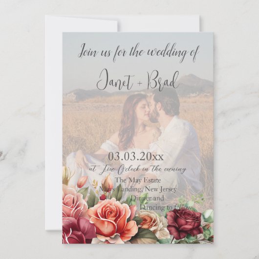 Invitation Rose Floral Eucalyptus Photo QR Code Mariage (Devant)