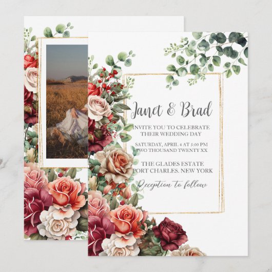 Invitation Rose Floral Eucalyptus QR Code Mariage (Devant / Derrière)