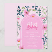 Invitation Rose Floral Fleur sauvage fille élégante 41e anniv (Devant / Derrière)