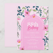 Invitation Rose Floral Fleur sauvage Girly Elégant 88e annive (Devant / Derrière)