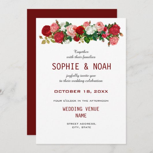 Invitation Rose Floral Garland Mariage (Devant / Derrière)
