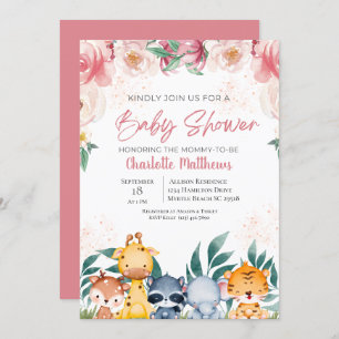 Invitation Rose Floral Girl Safari Jungle Animaux Baby shower