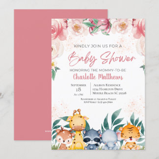 Invitation Rose Floral Girl Safari Jungle Animaux Baby shower
