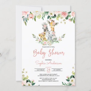 Invitation Rose Floral Girl Safari Jungle Animaux Baby shower