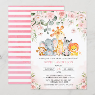Invitation Rose Floral Girl Safari Jungle Animaux Baby shower