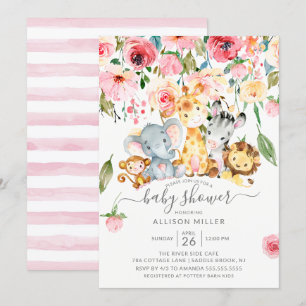 Invitation Rose Floral Girls Safari Animaux Baby shower