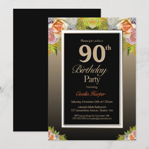 Invitation Rose Floral Gold Bordure Noir 90e fête d'anniversa