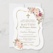 Invitation Rose Floral Gold Espagnol fille 1er anniversaire B (Devant)