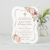 Invitation Rose Floral Gold Espagnol fille 1er anniversaire B (Debout devant)