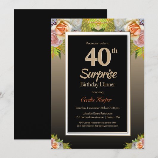 Invitation Rose Floral Gold Surprise Dîner d'anniversaire 40e (Devant / Derrière)