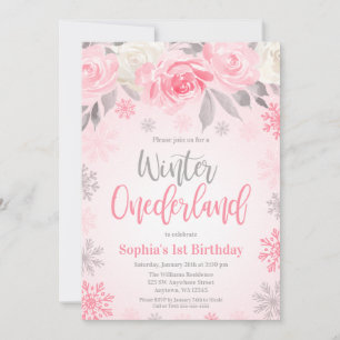 Invitation Rose Floral Gris Hiver ONEderland 1er Anniversaire