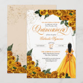 Invitation Rose Floral Jaune & Or Elegant Quinceañera (Devant / Derrière)