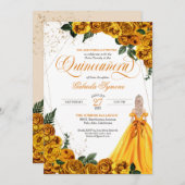 Invitation Rose Floral Jaune & Or Elegant Quinceañera Invi (Devant / Derrière)