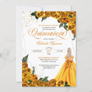 Invitation Rose Floral Jaune & Or Elegant Quinceañera Invi