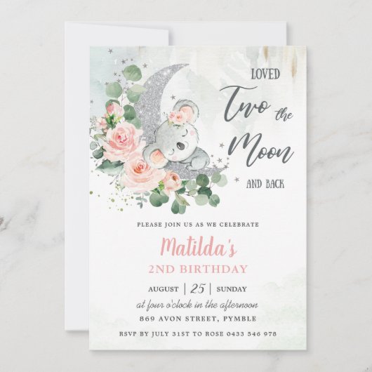 Invitation Rose Floral Koala Bear 2e Anniversaire Crescent Mo (Devant)