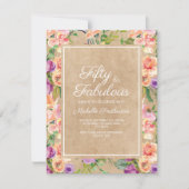 Invitation Rose Floral Kraft Rustique Violet 50e Anniversaire (Devant)