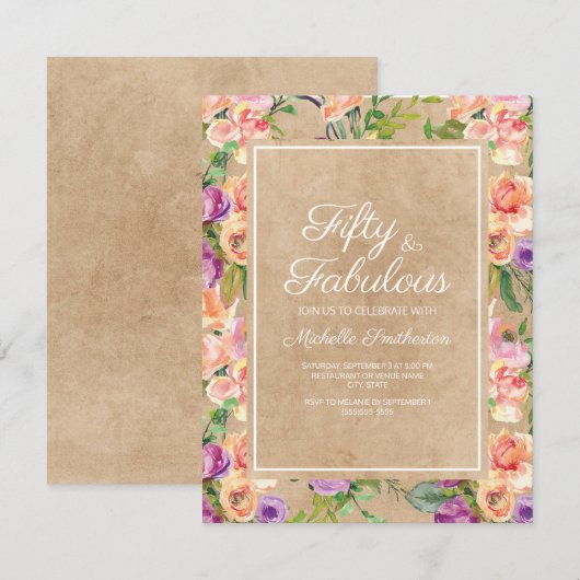 Invitation Rose Floral Kraft Rustique Violet 50e Anniversaire (Devant / Derrière)