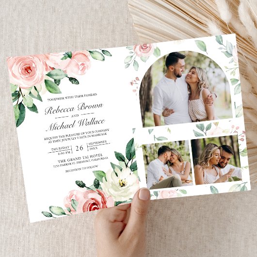 Invitation Rose Floral Mariage Code QR Tout en Un