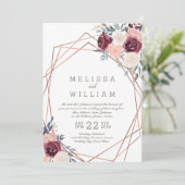 Invitation Rose floral Mariage géométrique Bourgogne ivoire (Debout devant)