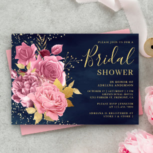 Invitation Rose Floral Mauve Poussiéreux Bleu Marine Lavage d