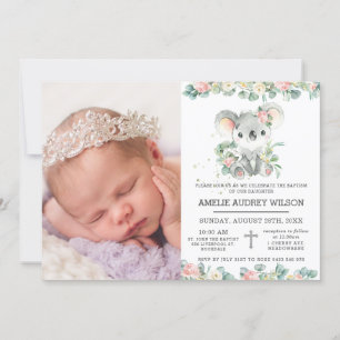 Invitation Rose floral mignon Koala Baptême Christening Photo