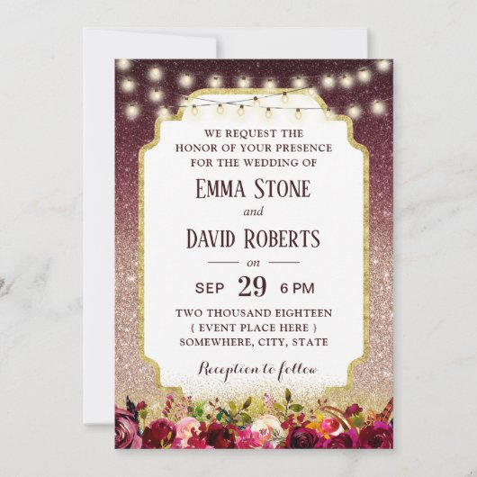 Invitation Rose floral moderne Bourgogne  or Ombre Mariage (Devant)