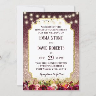 Invitation Rose floral moderne Bourgogne  or Ombre Mariage