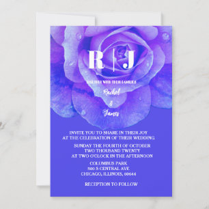 Invitation Rose floral Monogramme bleu violet Mariage coloré