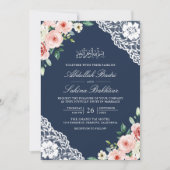 Invitation Rose Floral Navy Blue Lace QR Code Musulman Mariag (Devant)
