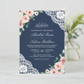 Invitation Rose Floral Navy Blue Lace QR Code Musulman Mariag (Debout devant)