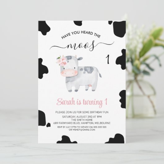 Invitation Rose Floral Noir Blanc Gris Vache Imprimer Anniver (Debout devant)