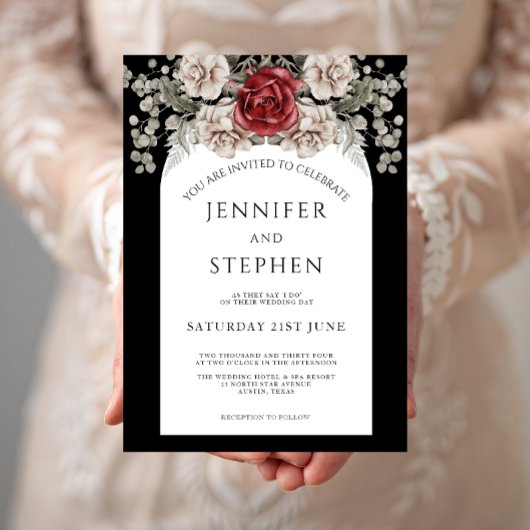Invitation Rose Floral noir blanc Mariage Eucalyptus