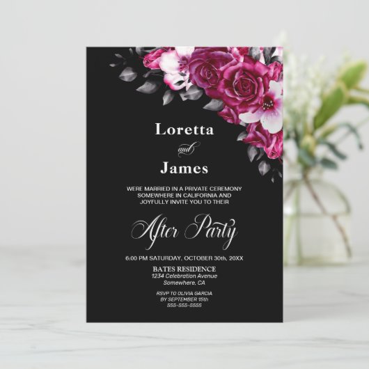 Invitation Rose Floral Noir Mariage Réception (Debout devant)