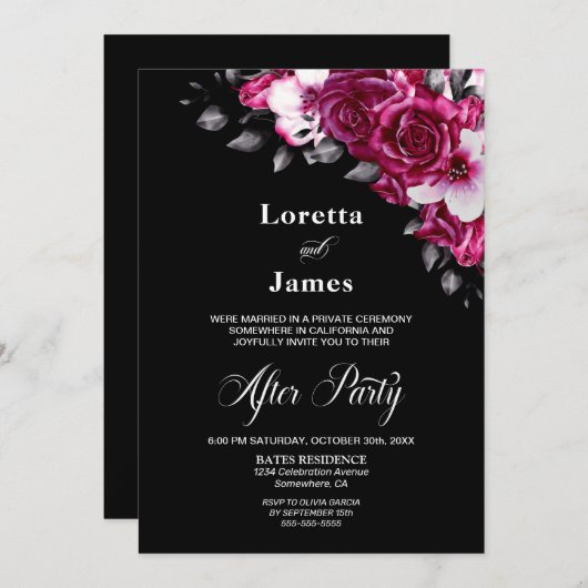 Invitation Rose Floral Noir Mariage Réception (Devant / Derrière)