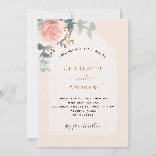 Invitation Rose floral or arche photo luxe mariage (Devant)